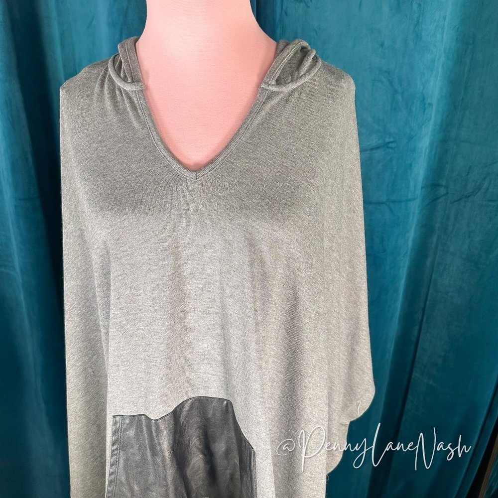 NWT Andrea Jovine Oversized Gray Hooded Poncho w/Faux Leather Trim - Picture 3 of 9
